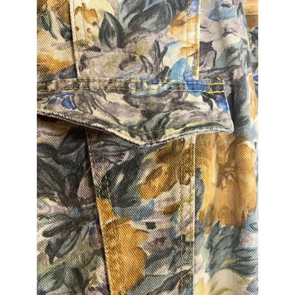 Retro Floral Crop Denim Jacket L Tan Tropical Preppy Chic Cottagecore 80s Artsy - Picture 7 of 11